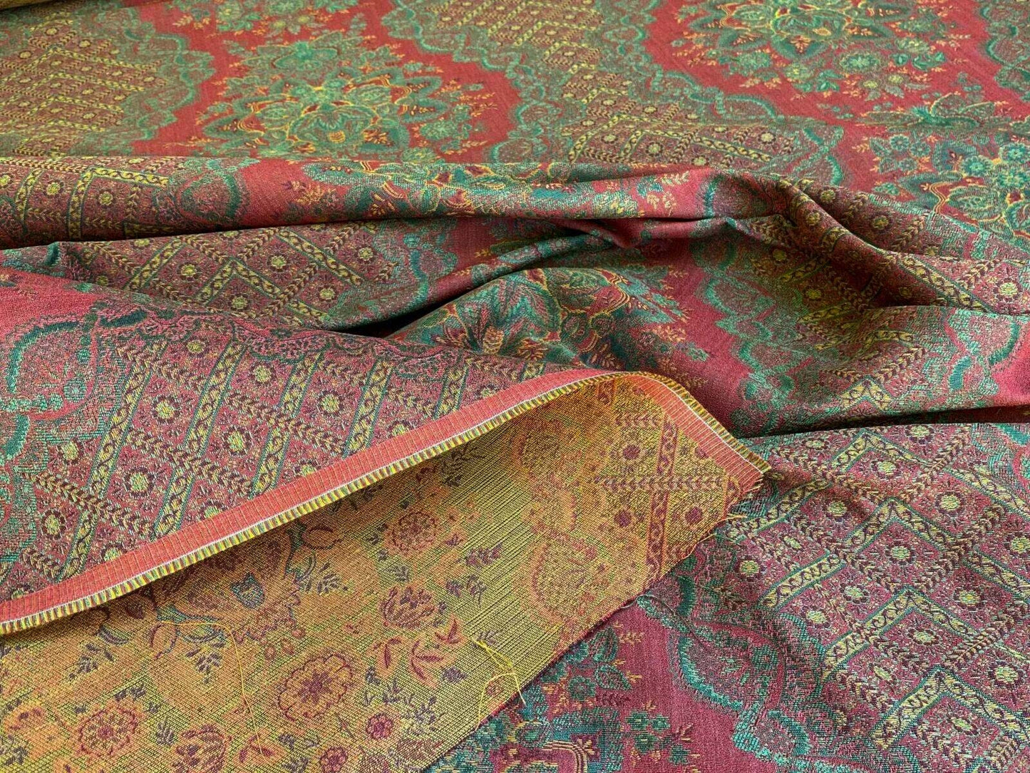 Scalamandre  Camille Russet Green Traditional Flower Stripe Brocade Pink Red Green MSRP USD 228/Y