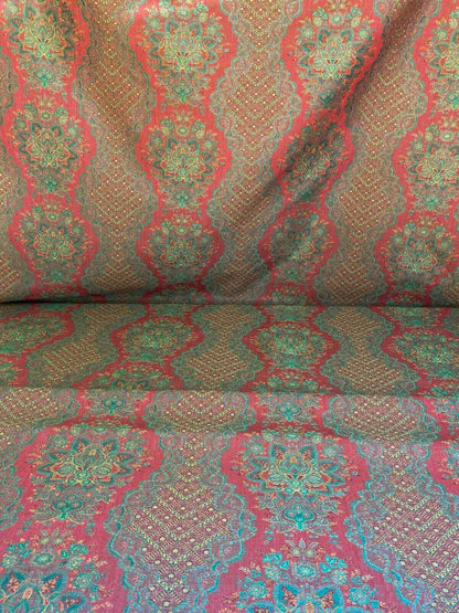 Scalamandre  Camille Russet Green Traditional Flower Stripe Brocade Pink Red Green MSRP USD 228/Y