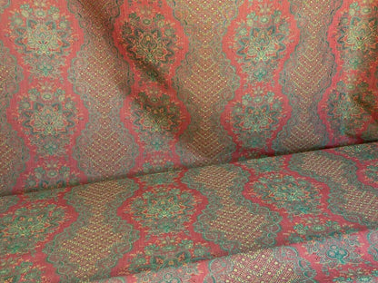 Scalamandre  Camille Russet Green Traditional Flower Stripe Brocade Pink Red Green MSRP USD 228/Y