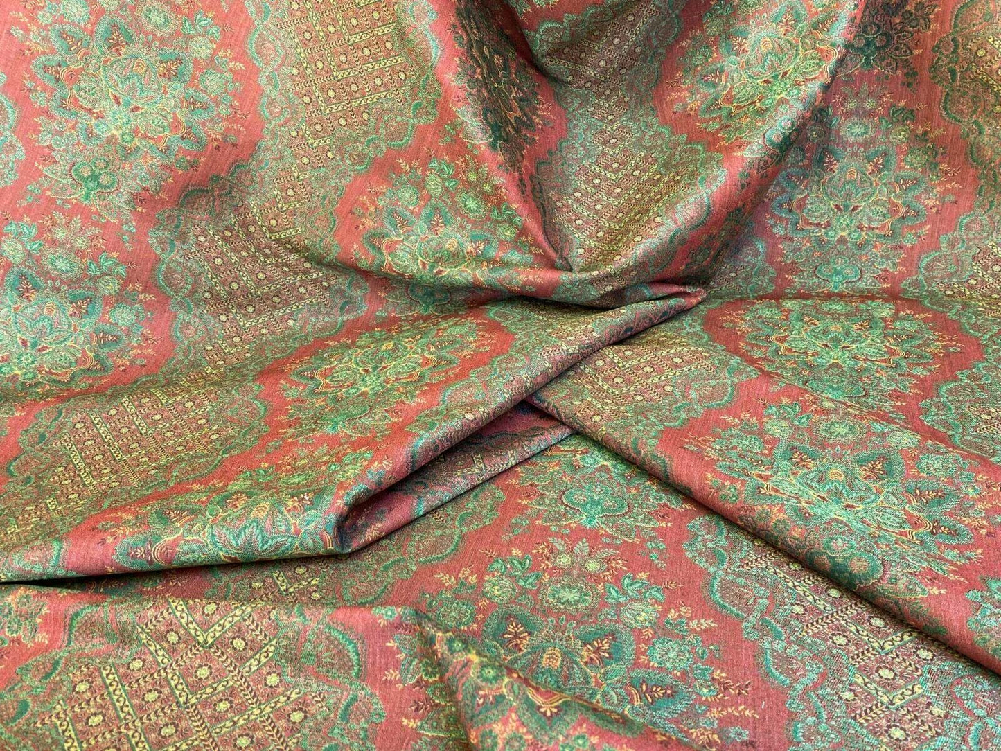 Scalamandre  Camille Russet Green Traditional Flower Stripe Brocade Pink Red Green MSRP USD 228/Y