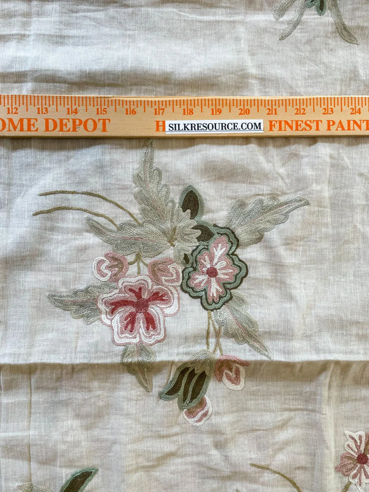 16 Berkbox54 2.4 yard x59" wide Scalamandre Karikal Blush/Sage Cotton Linen Crewel Embroidery Flora Crewel