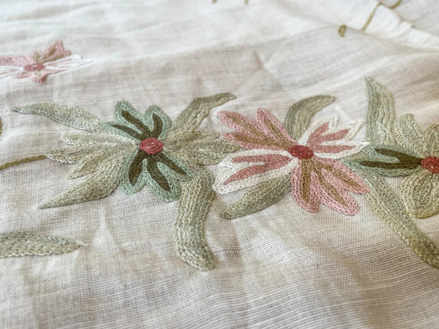 16 Berkbox54 2.4 yard x59" wide Scalamandre Karikal Blush/Sage Cotton Linen Crewel Embroidery Flora Crewel