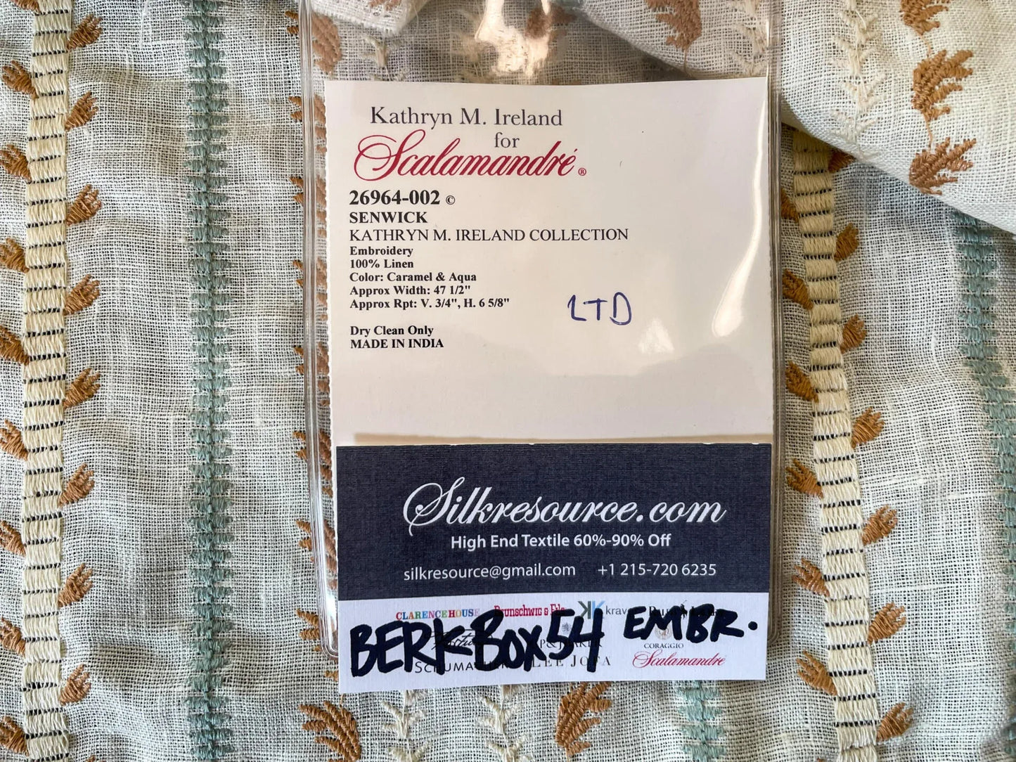 17 Berkbox54 Scalamandre Senwick Caramel &amp; Aqua Embroidery Linen 41"x48"