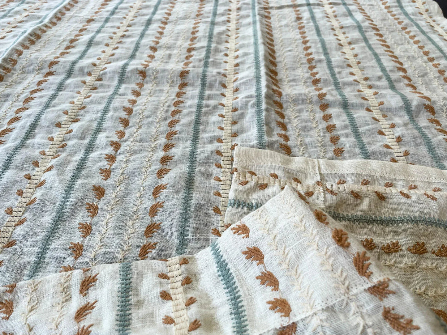 17 Berkbox54 Scalamandre Senwick Caramel &amp; Aqua Embroidery Linen 41"x48"