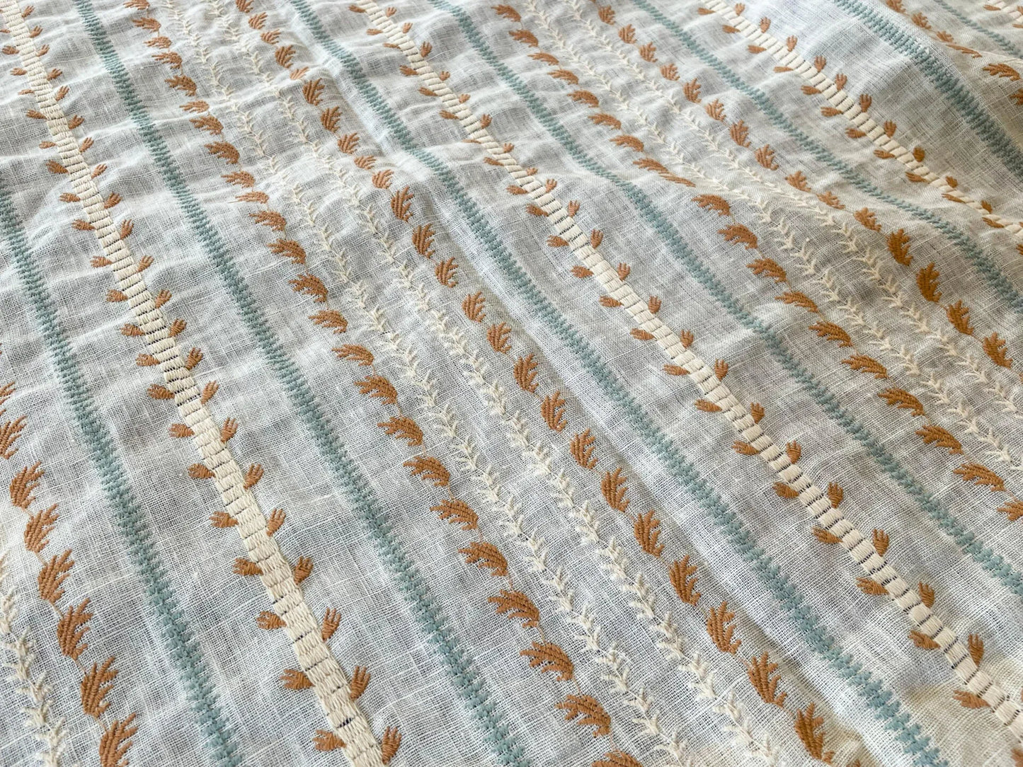 17 Berkbox54 Scalamandre Senwick Caramel &amp; Aqua Embroidery Linen 41"x48"