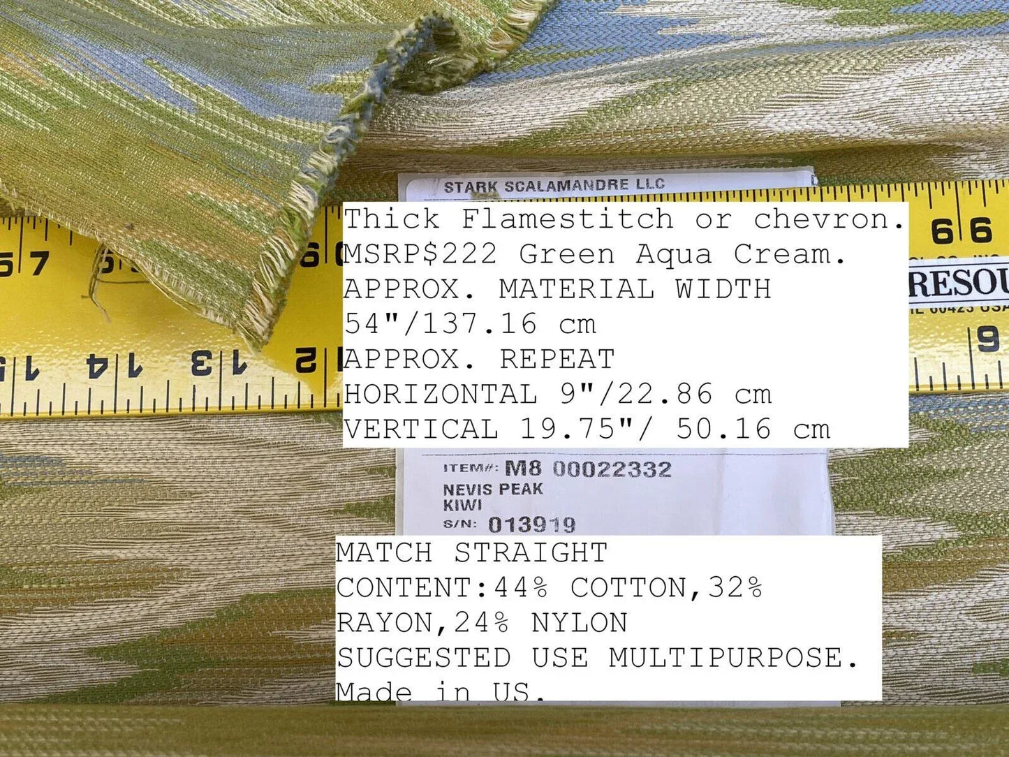 Scalamandre Nevis Peak Kiwi Flamestitch Green Aqua Cream Chevron MSRP USD 222/Y