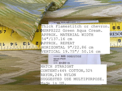 Scalamandre Nevis Peak Kiwi Flamestitch Green Aqua Cream Chevron MSRP USD 222/Y