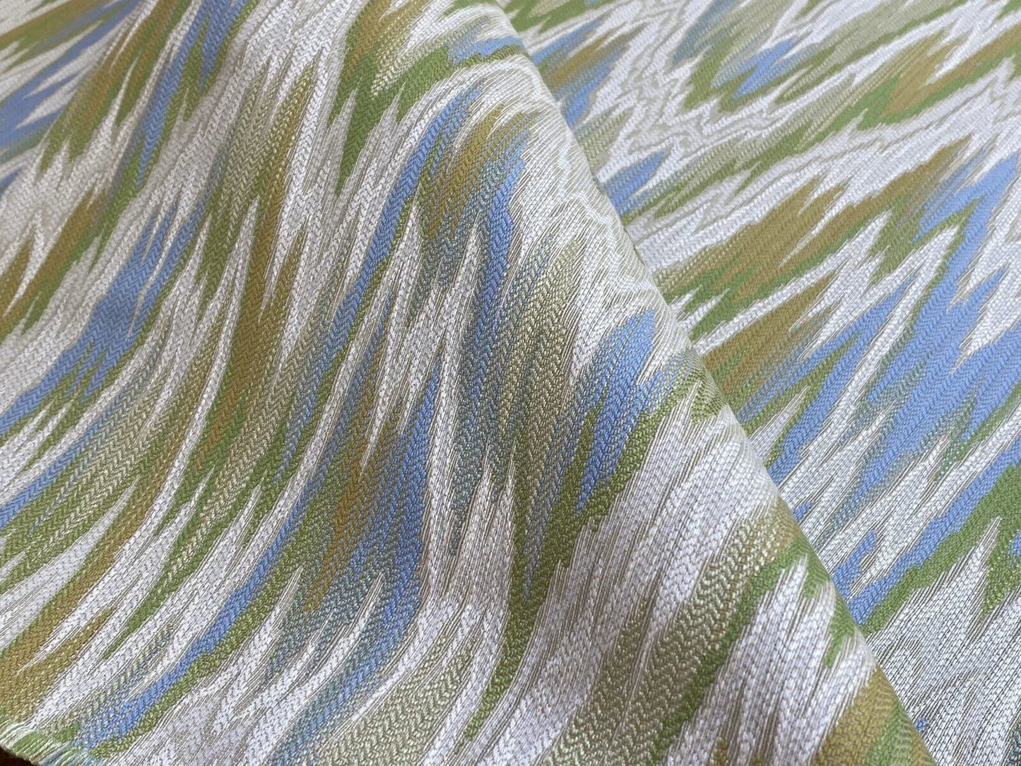Scalamandre Nevis Peak Kiwi Flamestitch Green Aqua Cream Chevron MSRP USD 222/Y