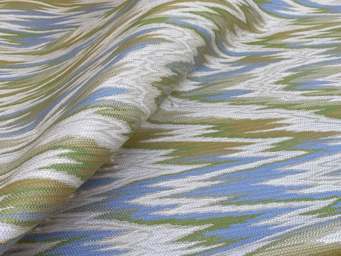 Scalamandre Nevis Peak Kiwi Flamestitch Green Aqua Cream Chevron MSRP USD 222/Y