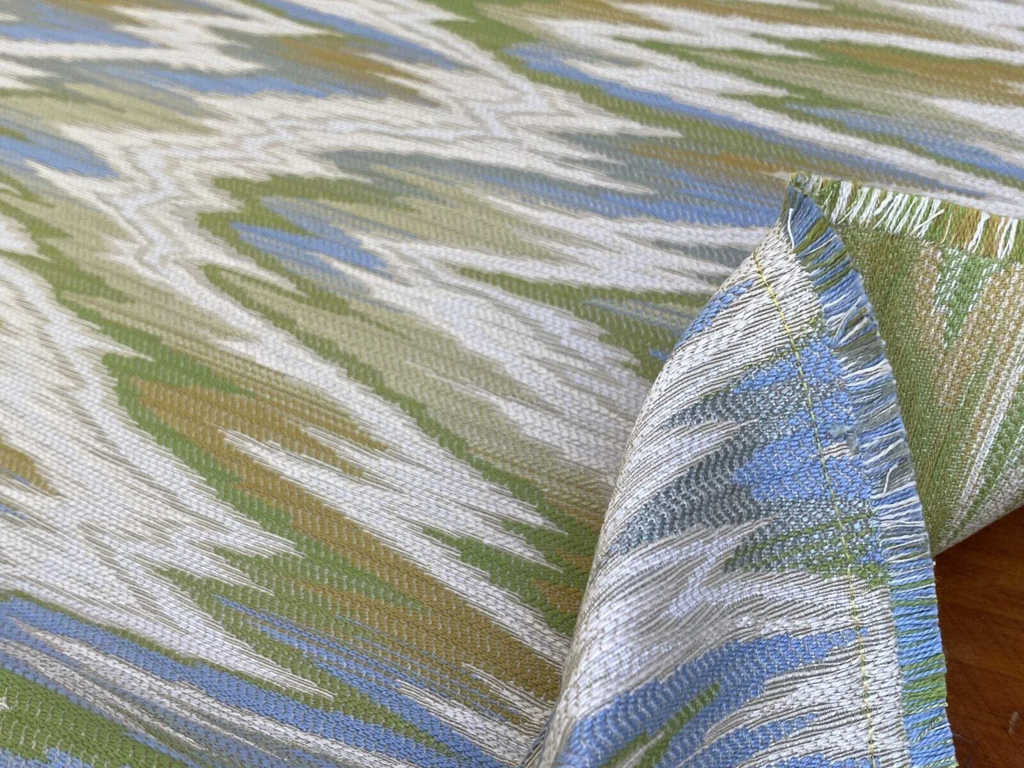 Scalamandre Nevis Peak Kiwi Flamestitch Green Aqua Cream Chevron MSRP USD 222/Y