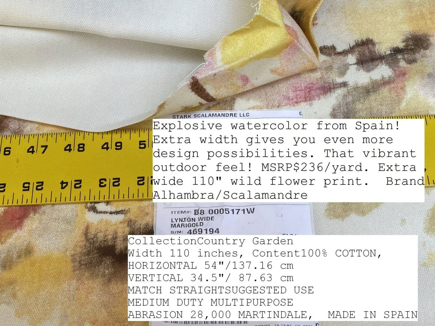 Scalamandre Lynton Wide Marigold Gold Yellow Wild Flowers Cotton 110"wide! MSRP USD 236/yard