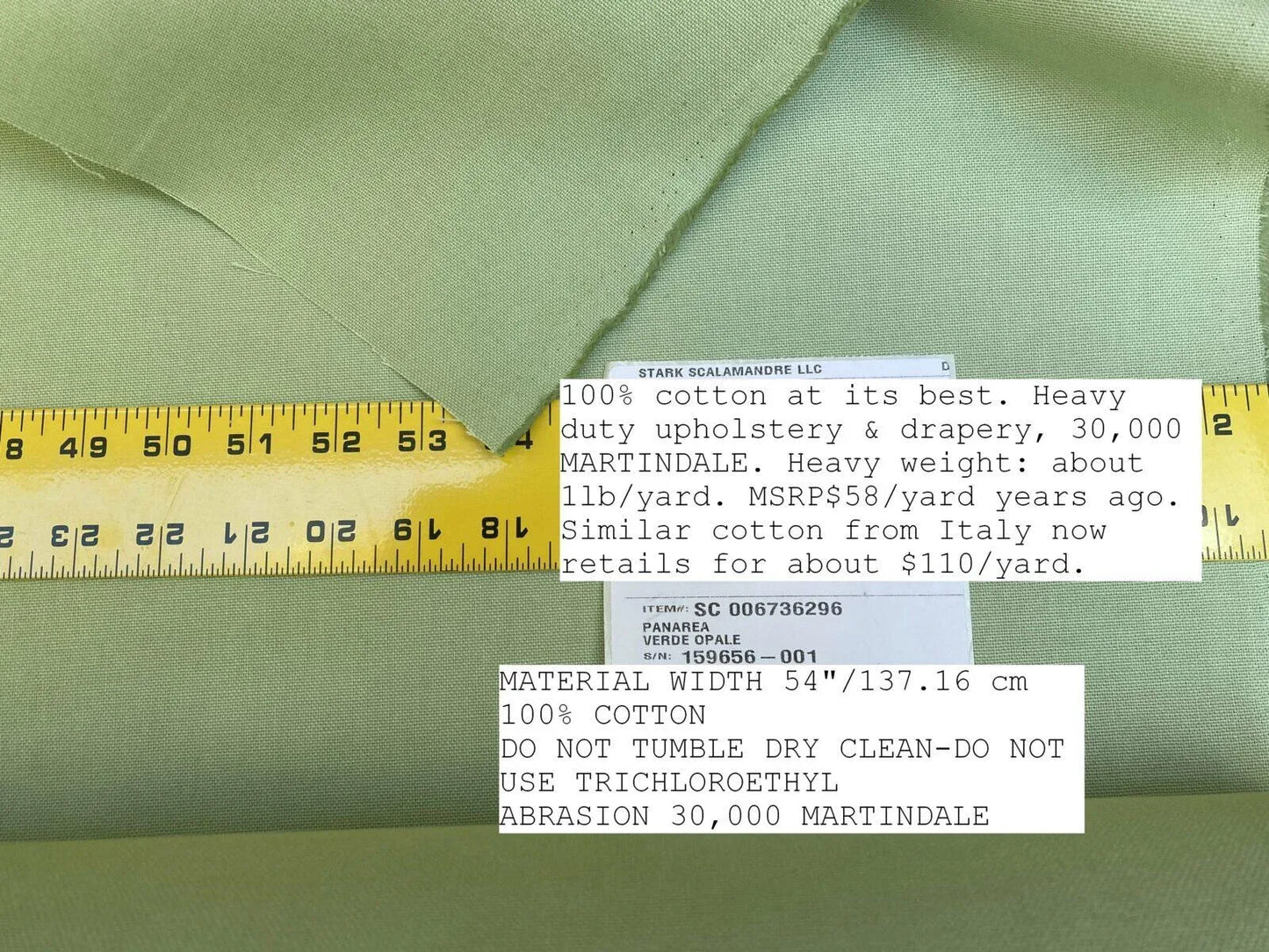 Scalamandre  Panarea Verde Opale Cotton Canvas Heavy Duty Green Light MSRP USD 58/Yard