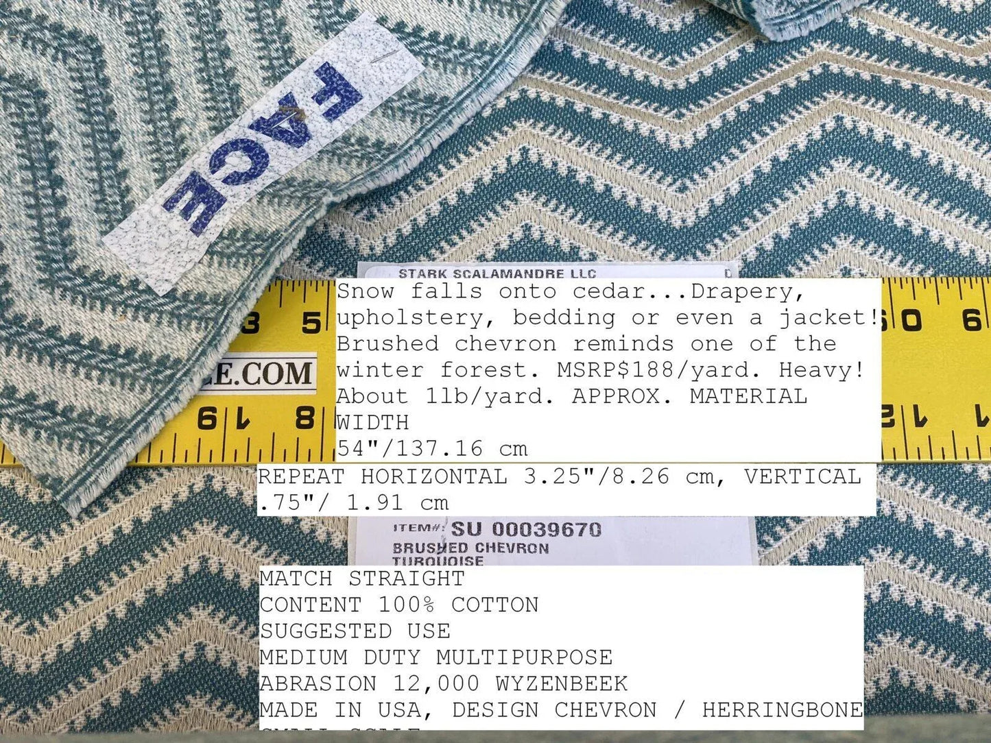 Scalamandre Brushed Chevron Turquoise Blue Green Cotton Jacquard Herringbone Reversible MSRP USD 188/Y