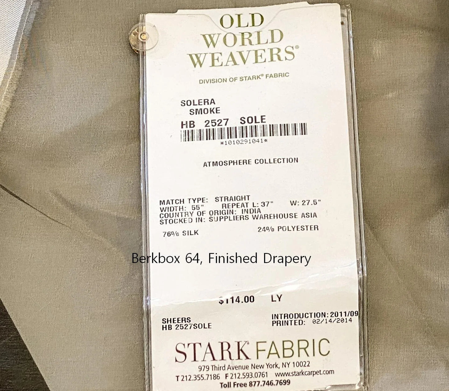 8 Berkbox64 Finished Drapery 2.4yard Scalamandre SOLERA SMOKE Dark Gray Sheer