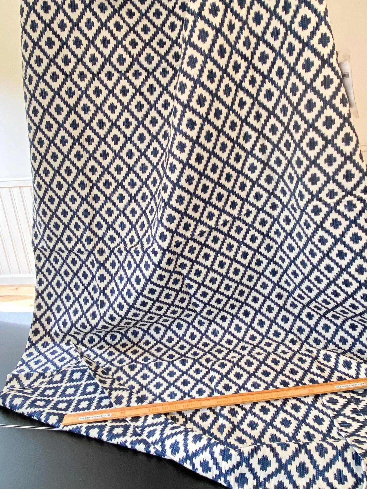 10 Berkbox64 Finished Drapery 2.4yard Scalamandre MALAY IKAT WEAVE INDIGO Jacquard Blue and White