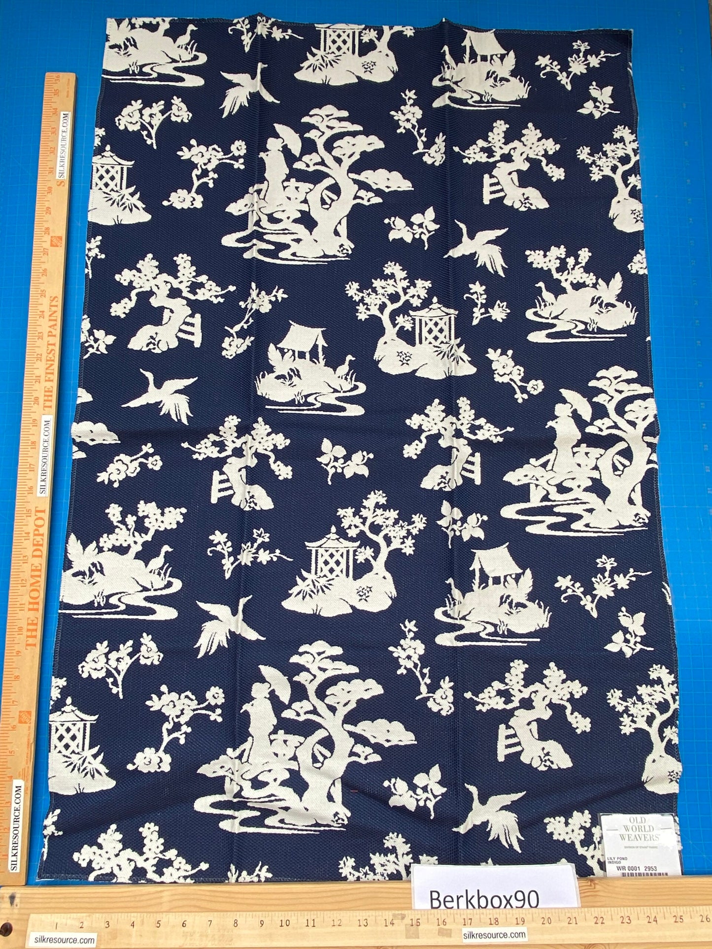 3 Berkbox90 Square Jacquard by Scalamandre LILY Indigo Blue and White Outdoors Bird/ Animal Chinoiserie MSRP USD222/y