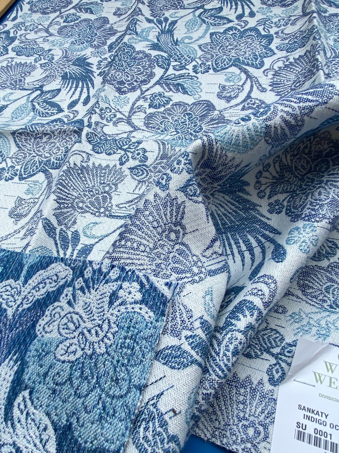 4 Berkbox90 Square Jacquard by Old World Weavers Sankaty Indigo Ocean Blue White Bird Flower Chinoiserie Folklore MSRP USD183/y