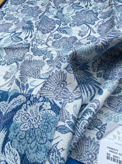 4 Berkbox90 Square Jacquard by Old World Weavers Sankaty Indigo Ocean Blue White Bird Flower Chinoiserie Folklore MSRP USD183/y