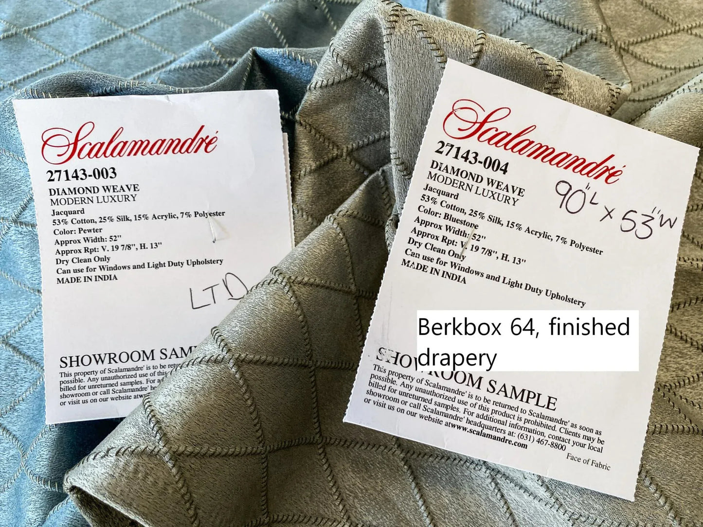 13 Berkbox64 Finished Drapery 2.4yard "2 Pieces &amp; 2 Colorways" Scalamandre DIAMOND WEAVE Bluestone and Pewter Jacquard MSRP USD316/y