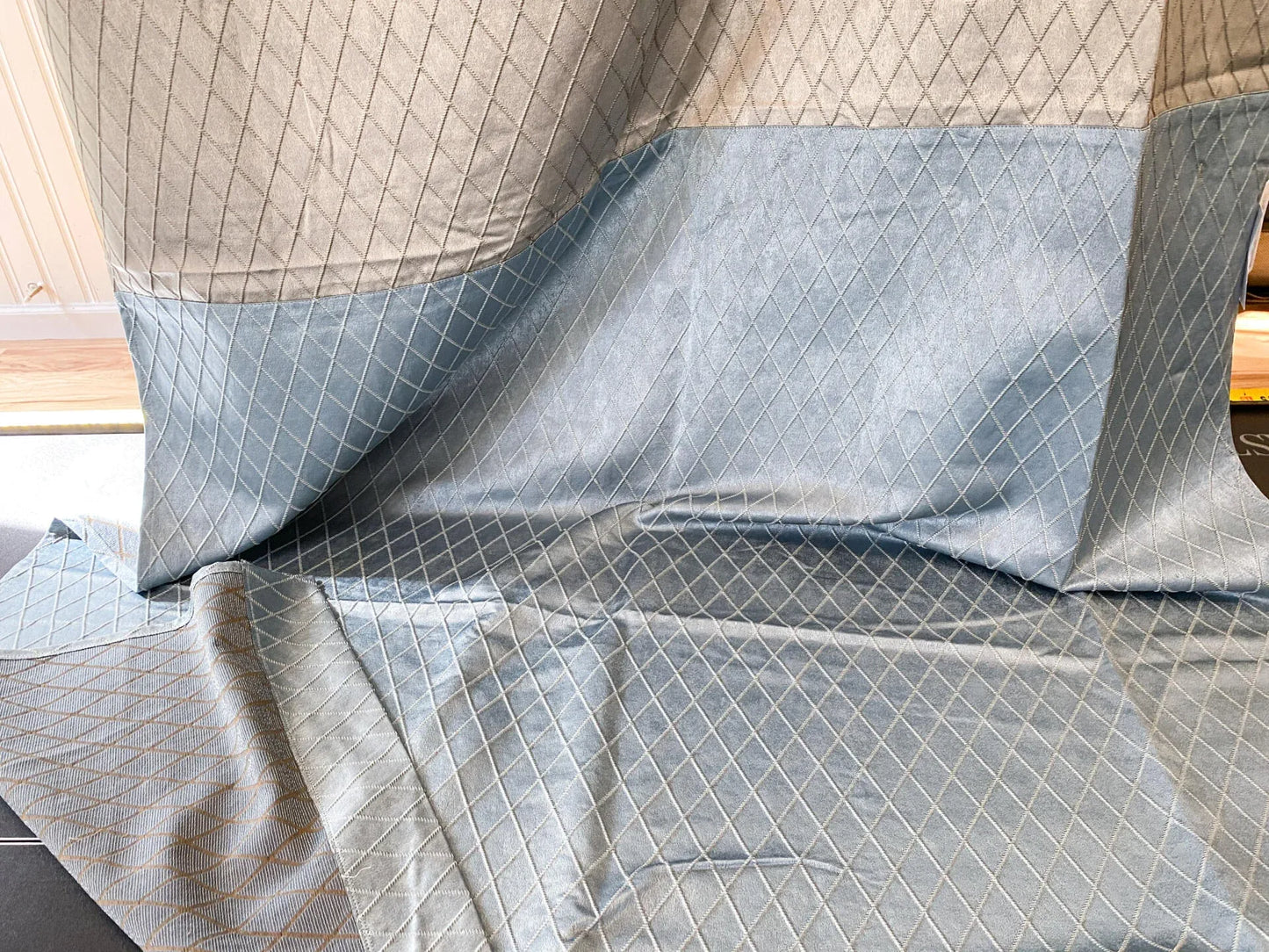 13 Berkbox64 Finished Drapery 2.4yard "2 Pieces &amp; 2 Colorways" Scalamandre DIAMOND WEAVE Bluestone and Pewter Jacquard MSRP USD316/y