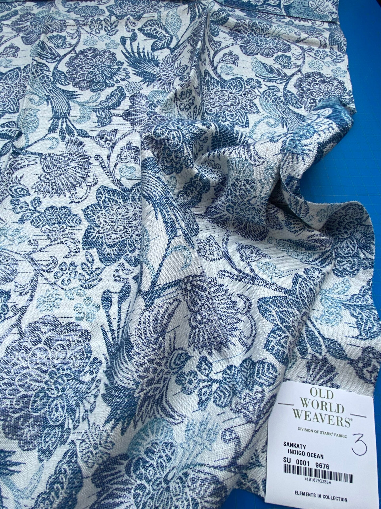 6 Berkbox90 Square Jacquard by Old World Weavers Sankaty Indigo Ocean Blue White Bird Flower Chinoiserie Folklore MSRP USD183/y