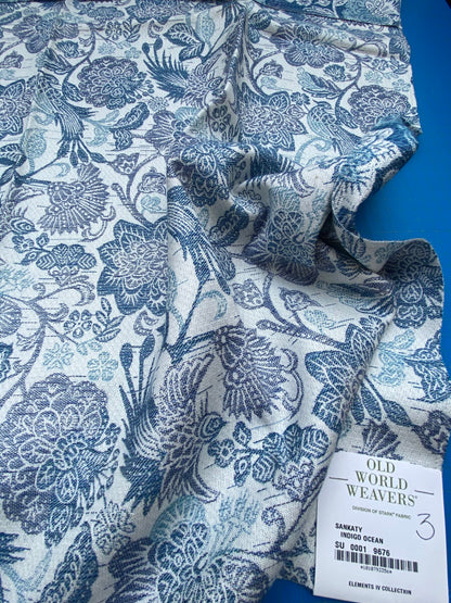 6 Berkbox90 Square Jacquard by Old World Weavers Sankaty Indigo Ocean Blue White Bird Flower Chinoiserie Folklore MSRP USD183/y