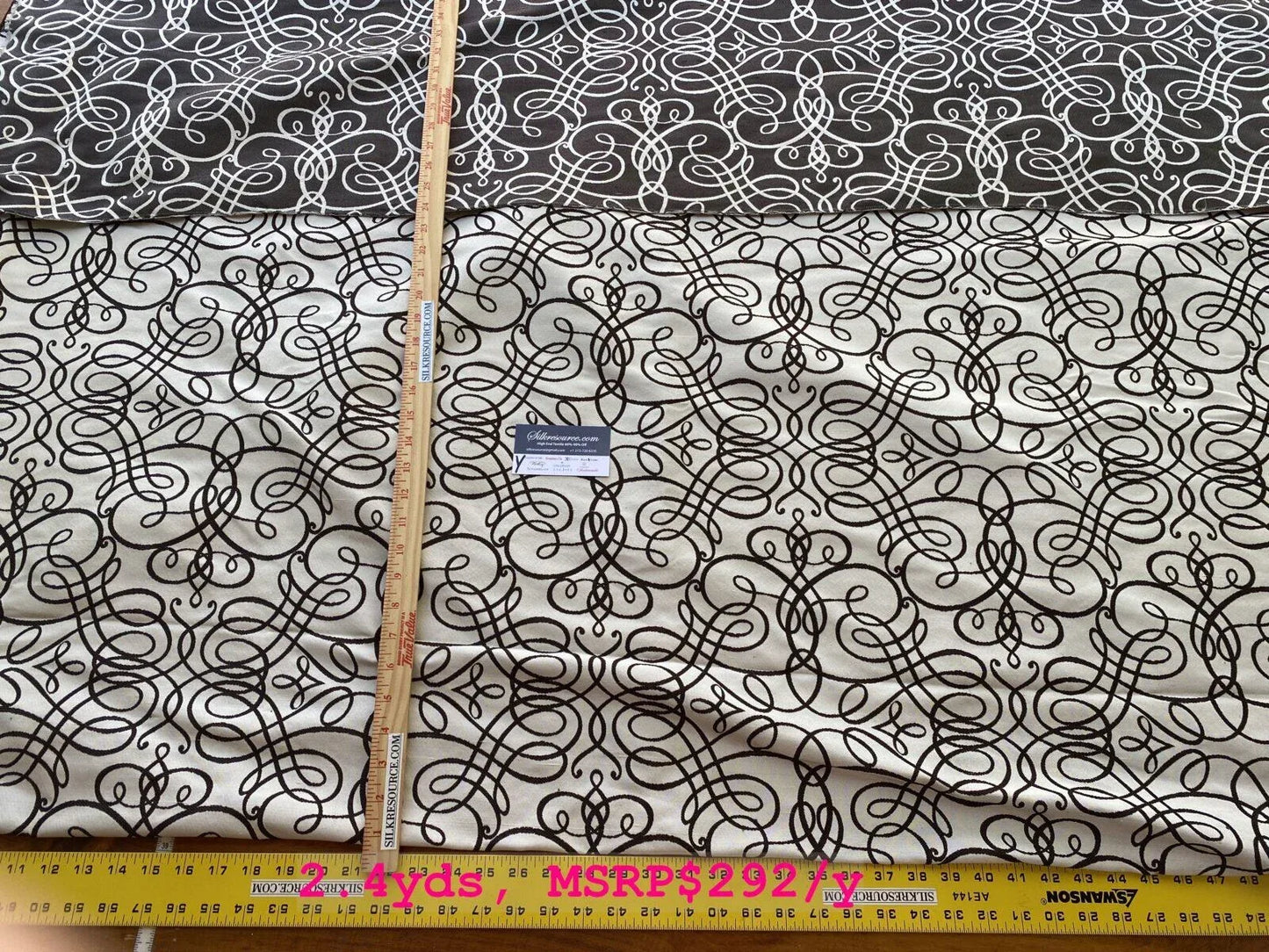 7 Boxy Scalamandre 2.4 Yards Flourish Scroll Ebony Silk Lampas Black and White MSPR USD292/Y
