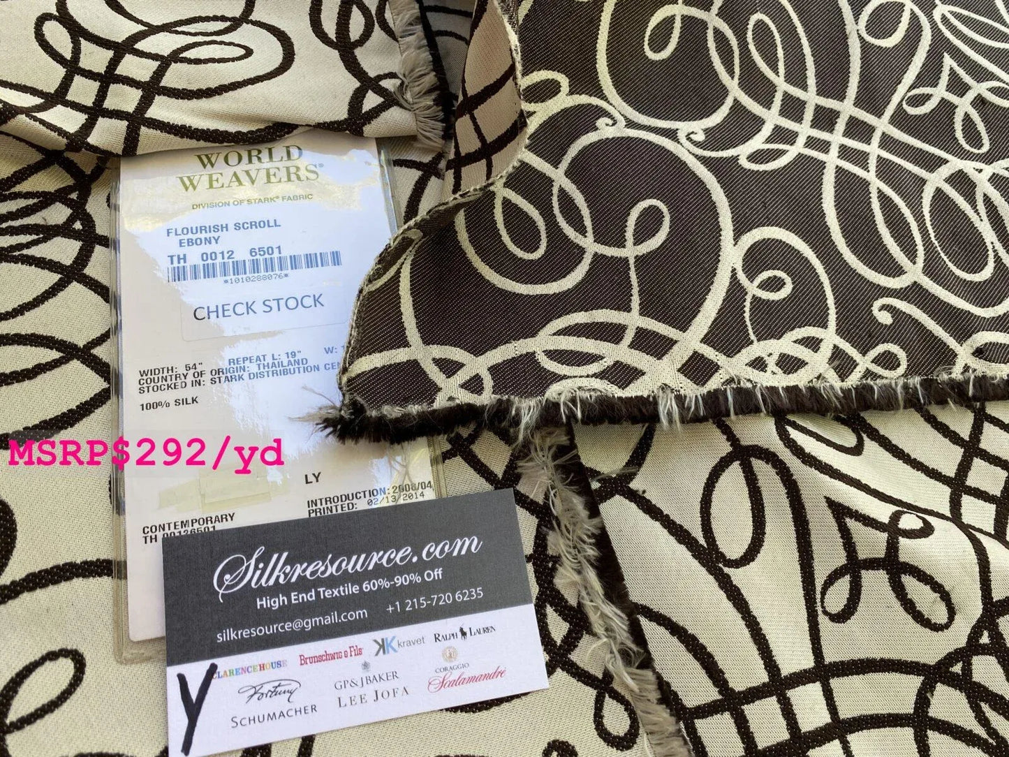 7 Boxy Scalamandre 2.4 Yards Flourish Scroll Ebony Silk Lampas Black and White MSPR USD292/Y