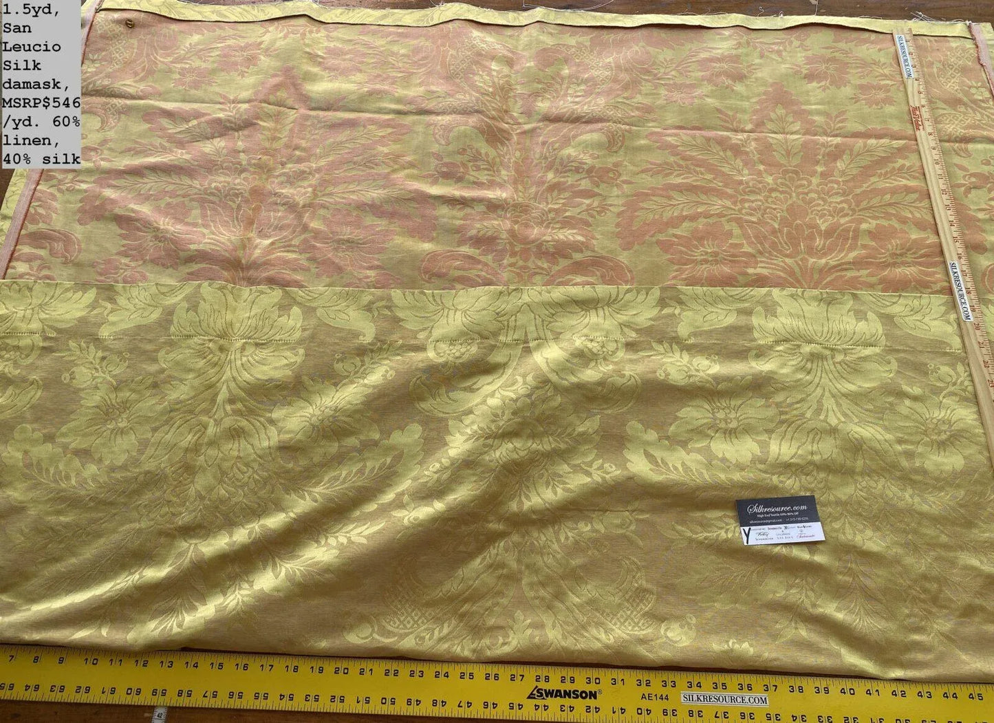 19 Boxy Scalamandre 1.5 Yards San Leucio Silk Damask Gold Pink MSRP USD 546/Y