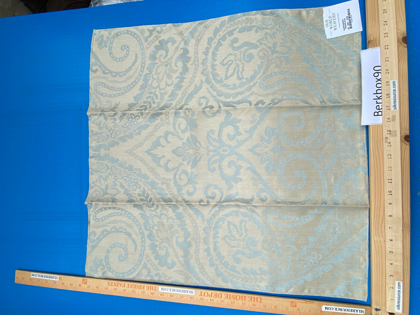 14 Berkbox90 Square Jacquard by Old World Weavers Blanchisserie Powder Blue Damask Paisley Linen MSRP USD284/y