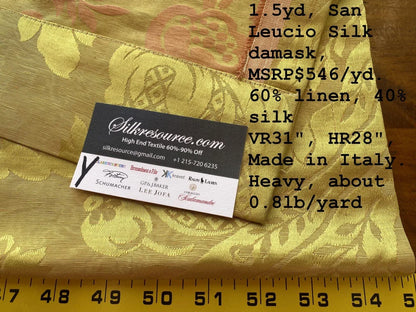 19 Boxy Scalamandre 1.5 Yards San Leucio Silk Damask Gold Pink MSRP USD 546/Y