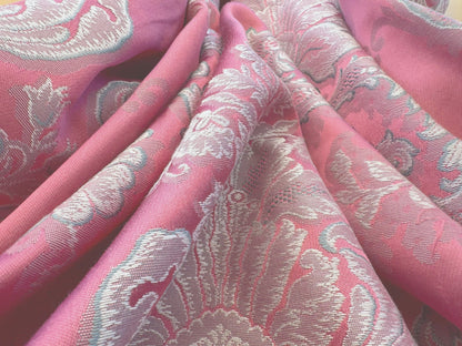 by yard Scalamandre Pink Red Floral Brocade with Silver Damask Pattern Renaissance Historic