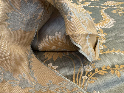 by yard Scalalamndre Sage Green Blue Neoclassical Brocade with Ornate Gold Teal Blue Floral