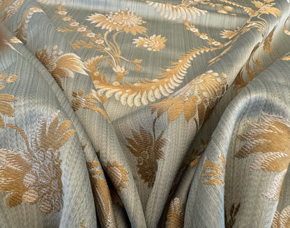 by yard Scalalamndre Sage Green Blue Neoclassical Brocade with Ornate Gold Teal Blue Floral