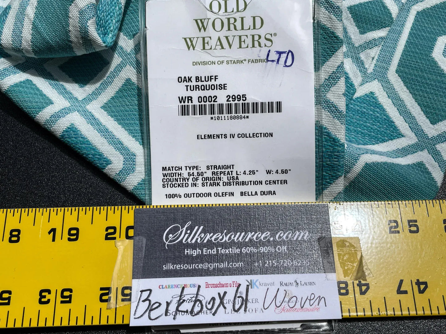 1 Berkbox61 27"x2 yard Scalamandre OAK BLUFF TURQUOISE Light Blue Geometric MSRP USD208/y