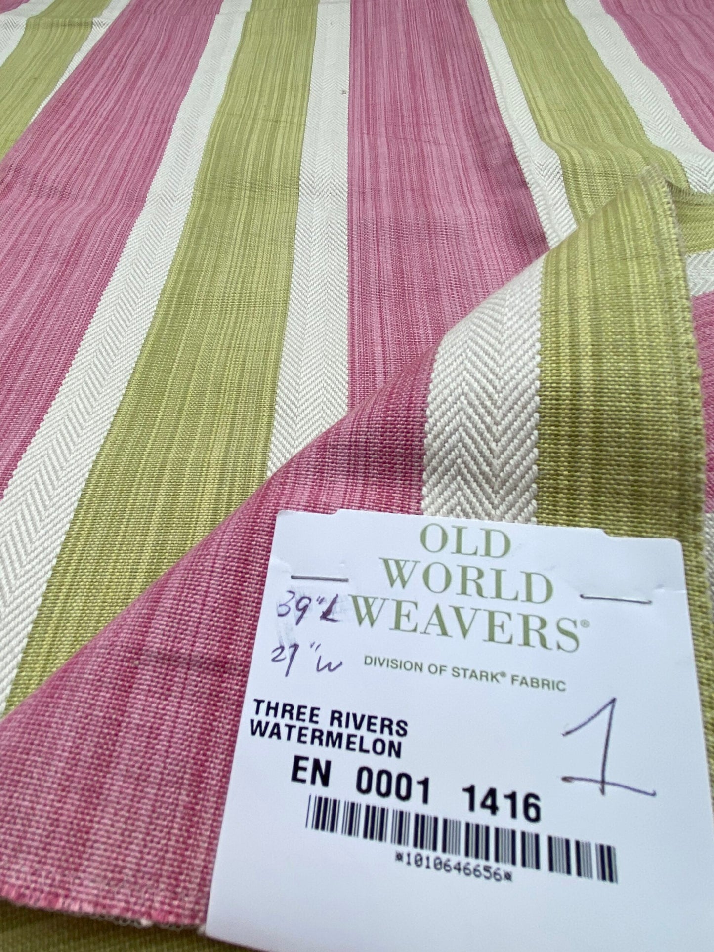 2 Berkbox91 Square Jacquard by Old World Weavers Three Rivers Watermelon Stripe Green Pink Cotton 39"L x 27"W  MSRP USD 300+/y