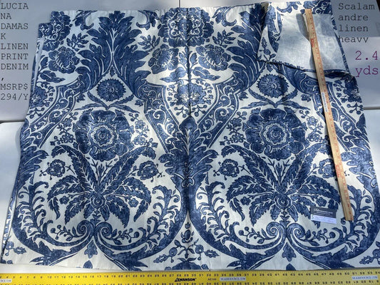 7 Boxs Scalamandre Luciana Damask Linen Print Denim Beautiful Blue And White 2.4 Yards MSRP USD 294/yd