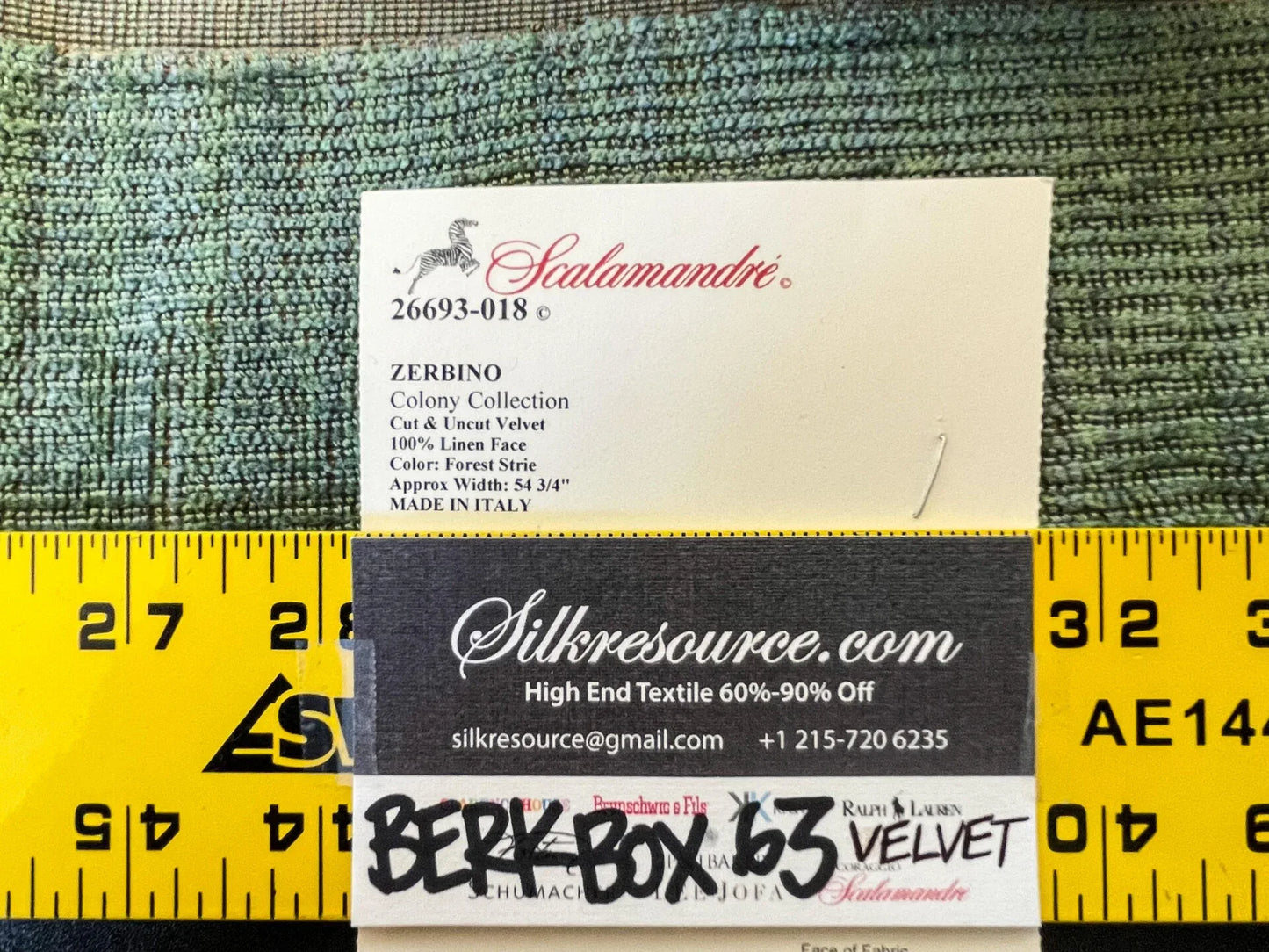 5 Berkbox63 2.4 yard Scalamandre Zerbino Forest Strie Cut and Uncut Velvet  Linen Green MSRP USD530/y
