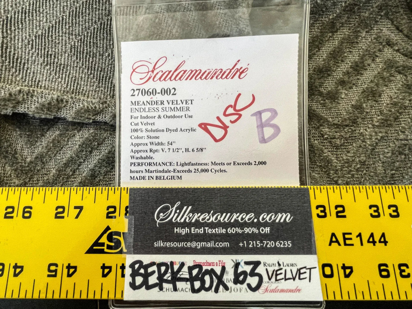 9 Berkbox63 1.2 yard Scalamandre MEANDER VELVET Stone Cut Velvet Outdoor Brown Gray MSRP USD350/y