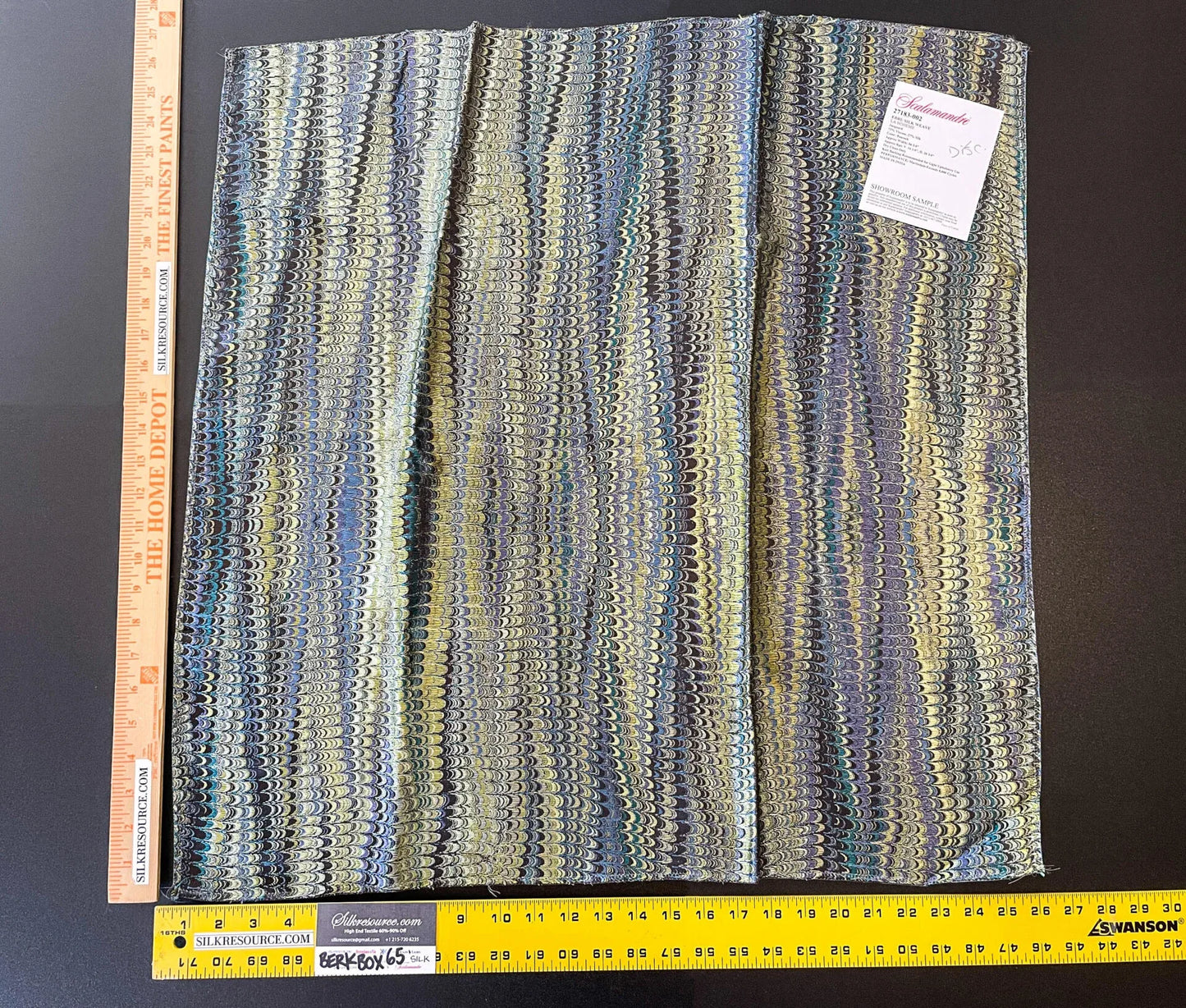 2 Berkbox65 Square Scalamandre Ebru Silk Weave Peacock Marbled Paper Silk Jacquard Texture Blue Black Olive Green