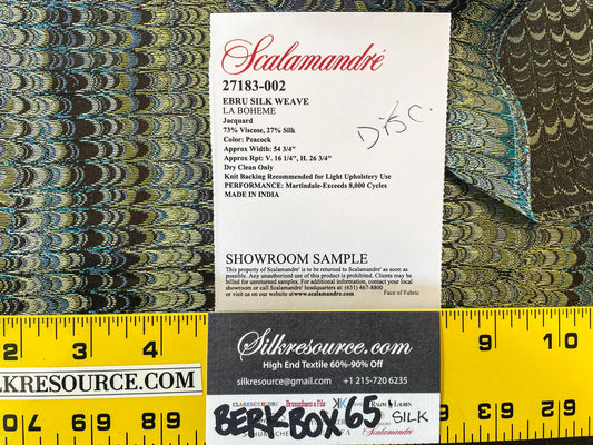2 Berkbox65 Square Scalamandre Ebru Silk Weave Peacock Marbled Paper Silk Jacquard Texture Blue Black Olive Green