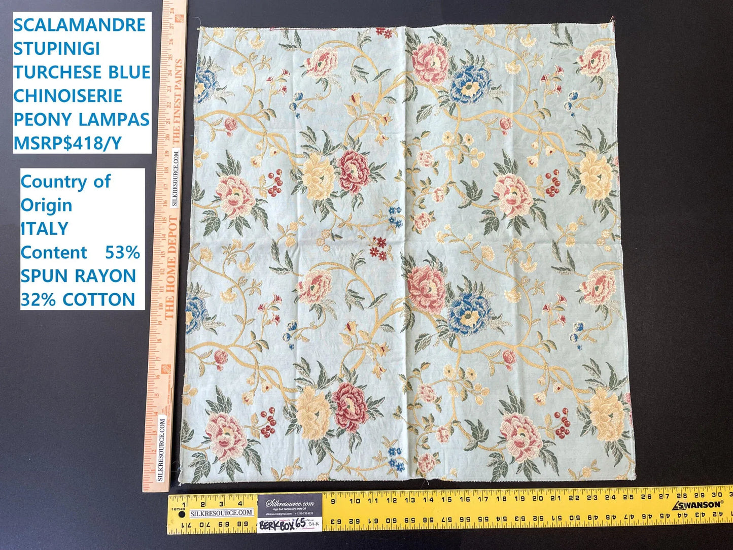 12 Berkbox65 SQUARE Scalamandre STUPINIGI Blue Chinoiserie Peony Lampas Floral MSRP USD418/y