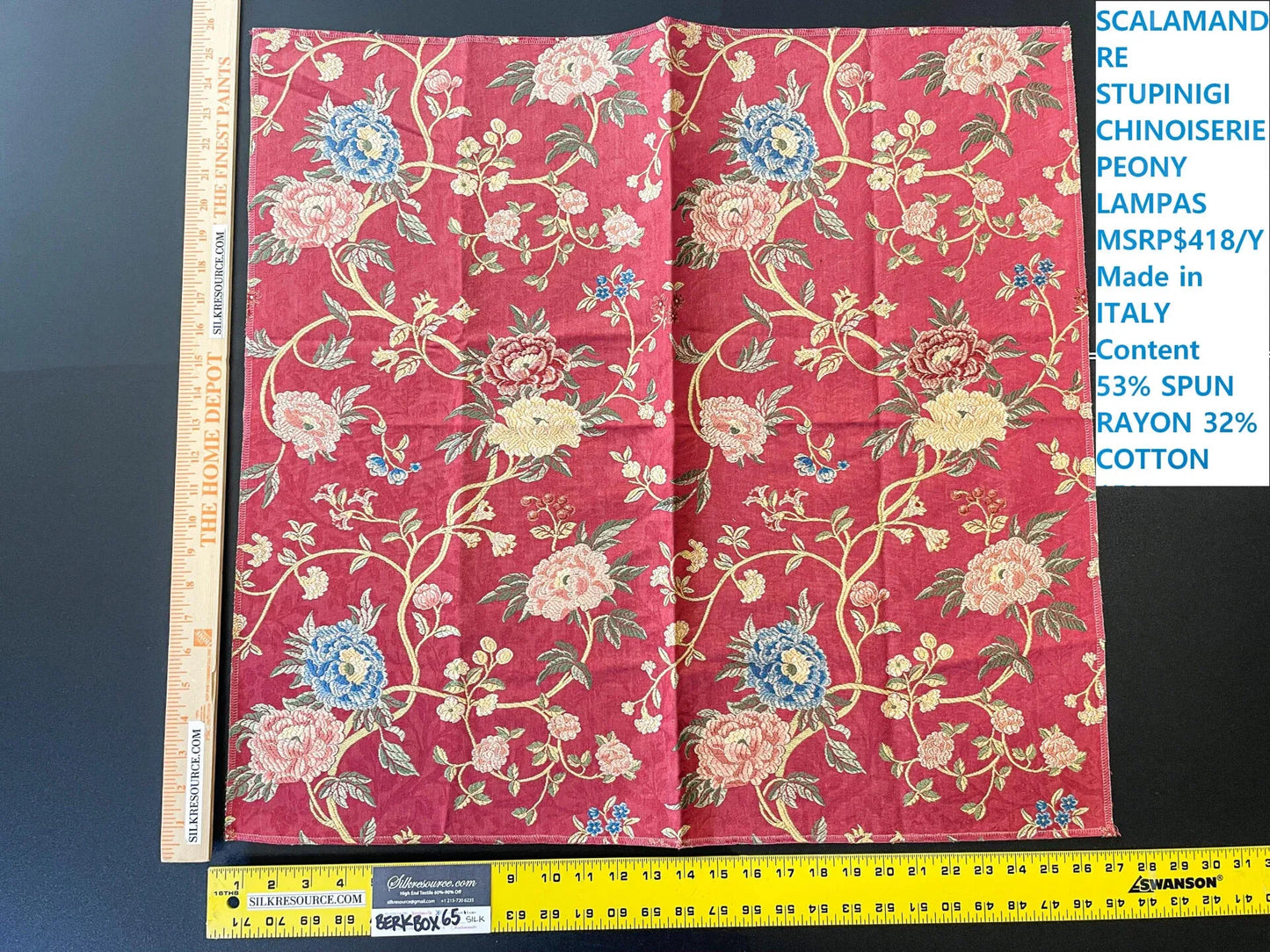 13 Berkbox65 SQUARE Scalamandre STUPINIGI Red Chinoiserie Peony Lampas Floral MSRP USD418/y