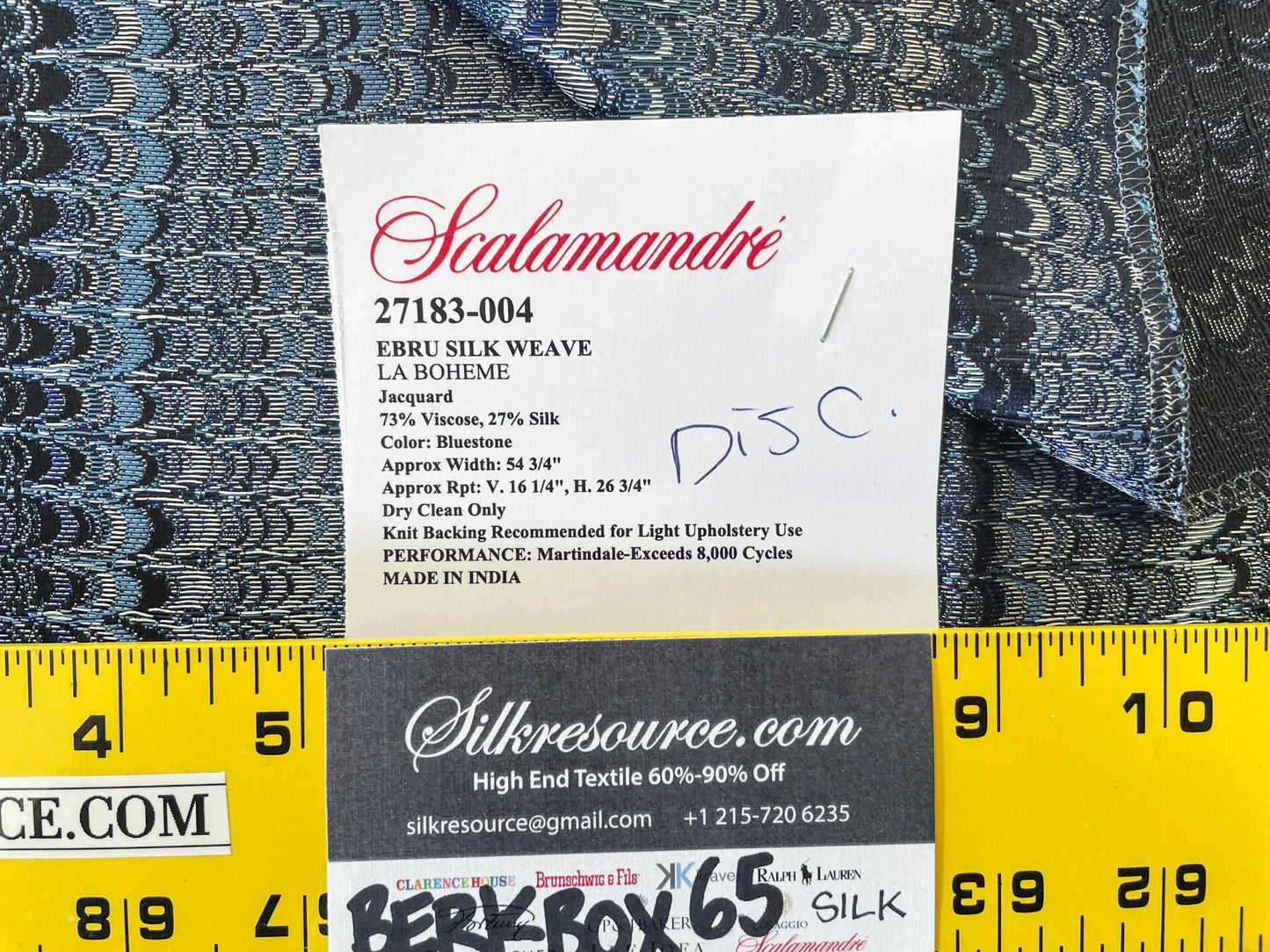 17 Berkbox65 SQUARE 27"x27" Scalamandre Ebru Silk Weave Bluestone Marbled Paper Silk Jacquard Texture Deep Blue Black Ocean MSRP USD 424/Y