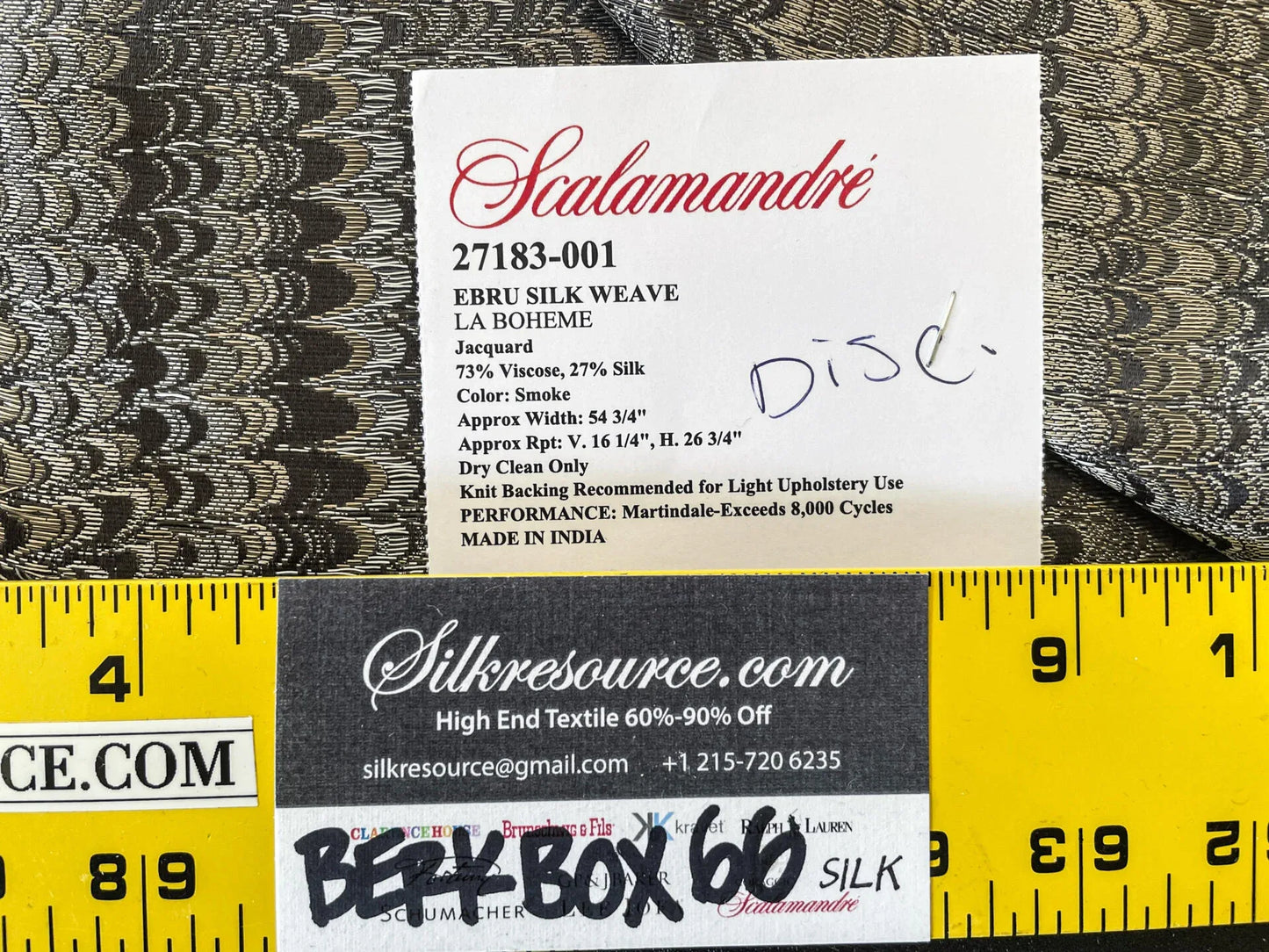 25 Berkbox66 SQUARE 27"x27" Scalamandre Ebru Silk Weave Smoke Marbled Paper Silk Jacquard Texture Black MSRP USD 424/Y