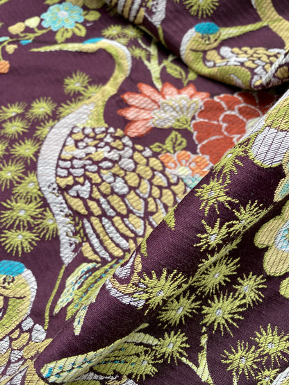 Square Jacquard by Claridge Textile  Crane Tapestry Upholstery Fabric in Plum Brown Green Birds Floral MSRP 300+/y