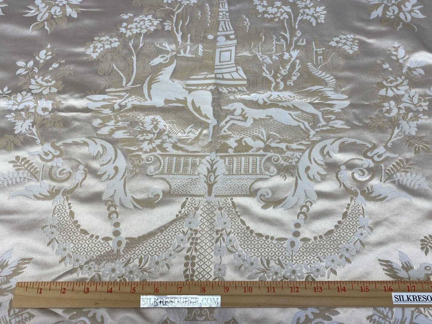 Scalamandre Louis Xvi MSRP USD 686/Y Neoclassical Hunting Hound Deer Birds Silk Lampas Cream Gold 1.1y