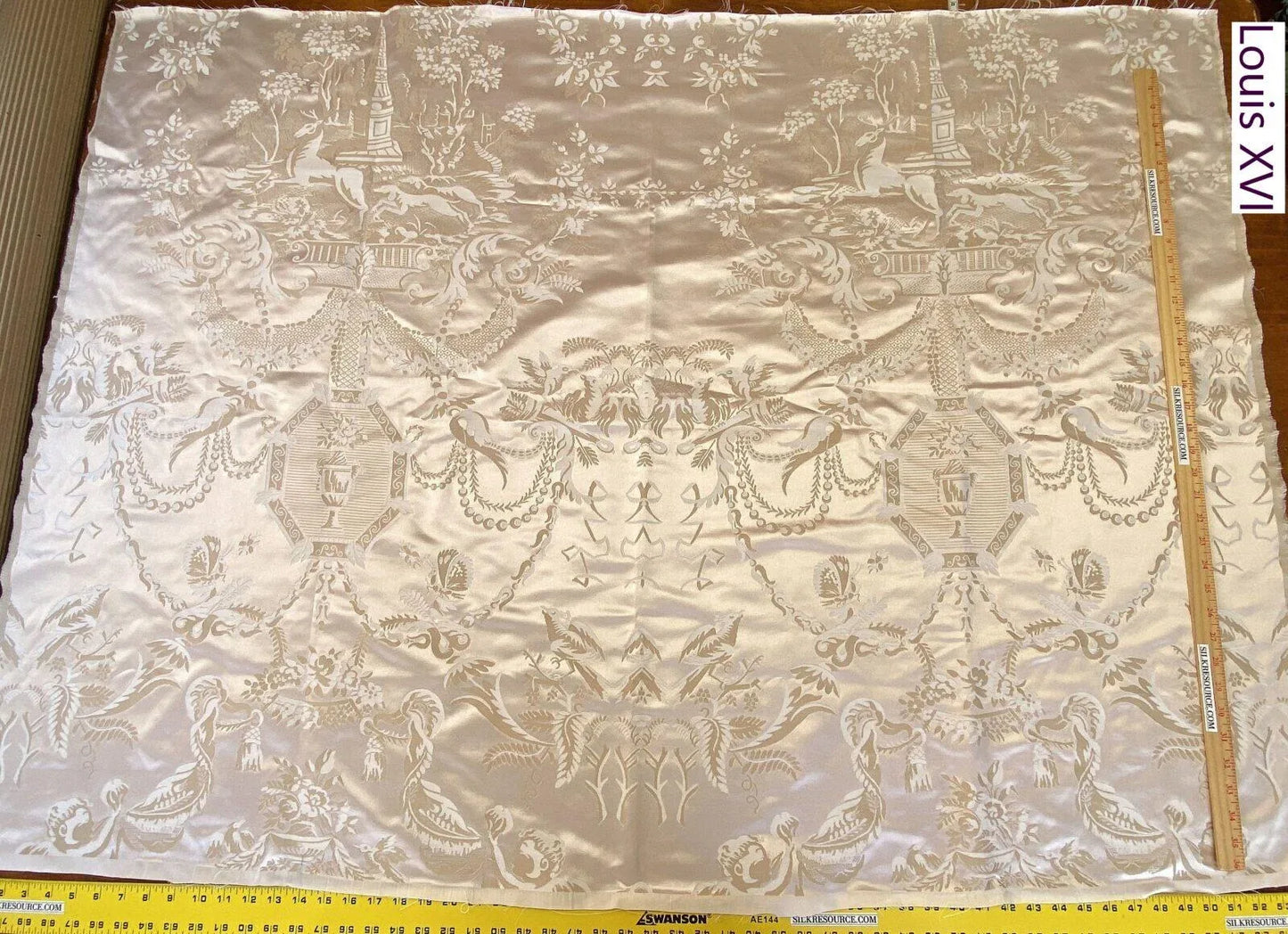 Scalamandre Louis Xvi MSRP USD 686/Y Neoclassical Hunting Hound Deer Birds Silk Lampas Cream Gold 1.1y