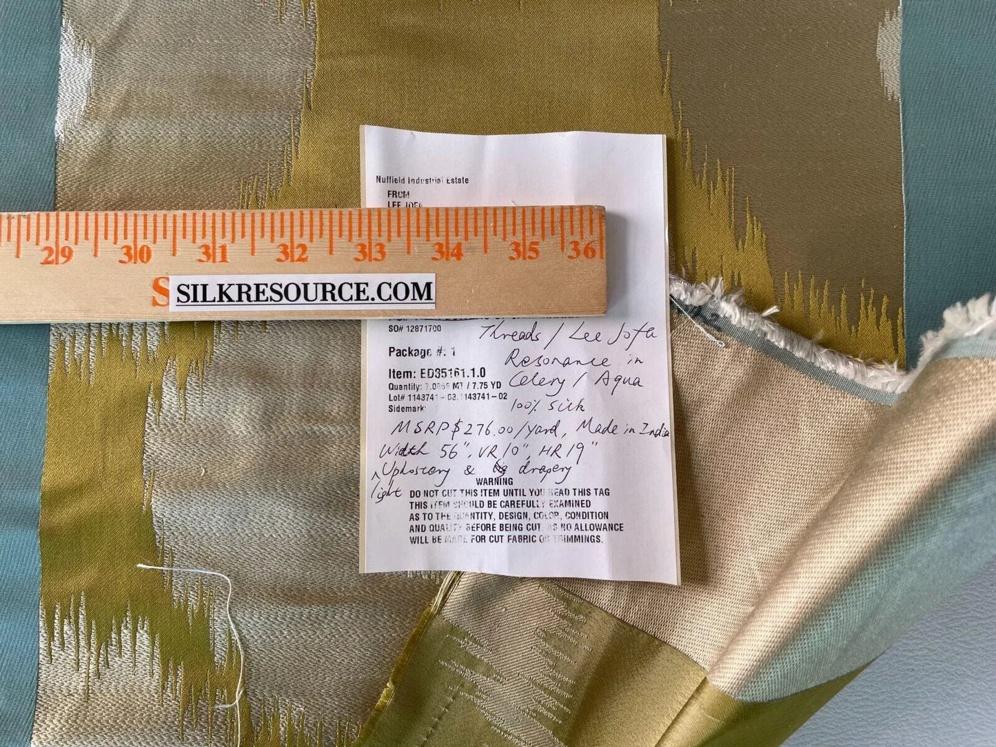 Lee Jofa Threads 100% Silk Resonance In Celery Aqua Blue Ikat Brocade MSRP USD 276/Y