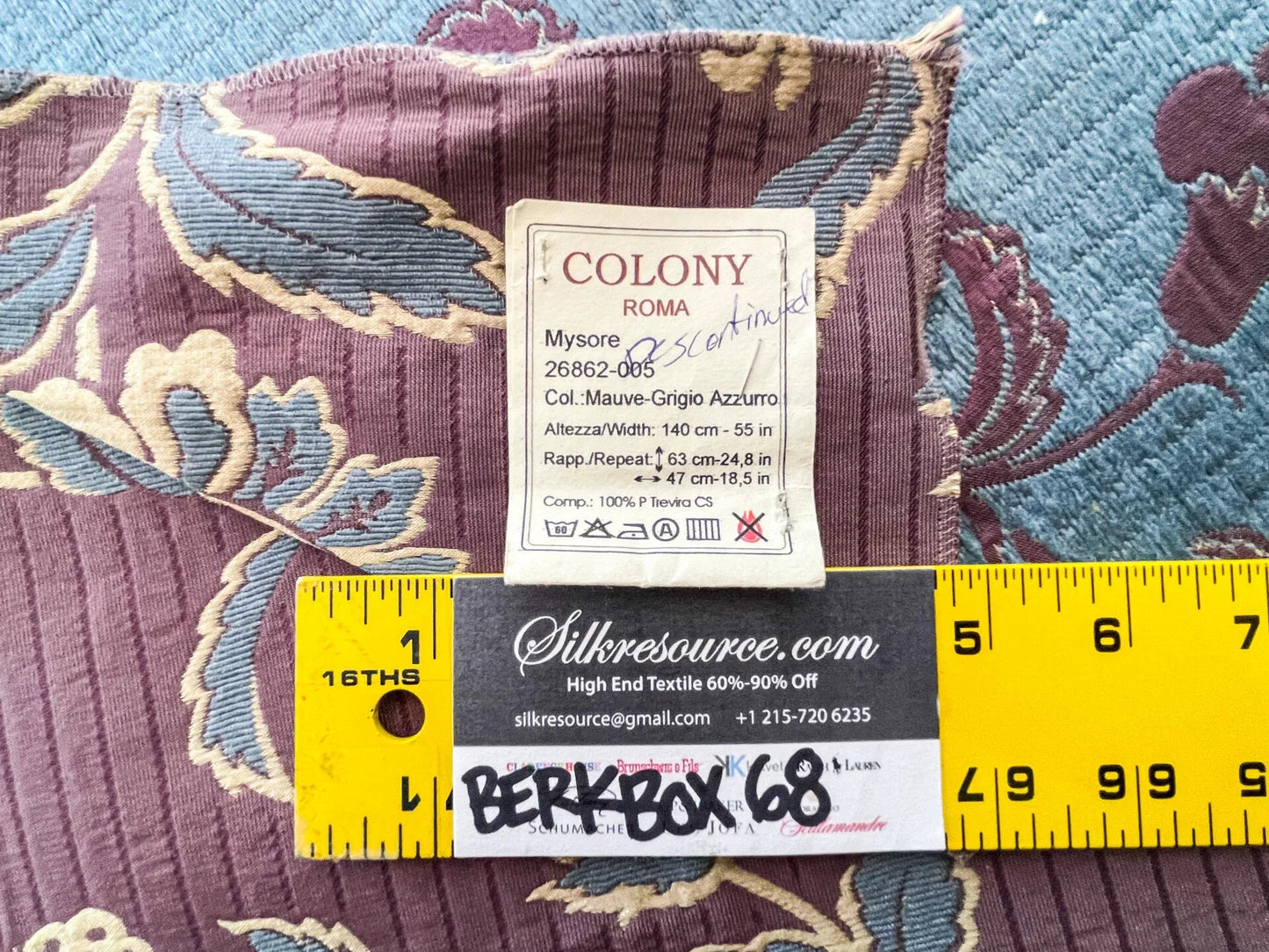 28 Berkbox68 25"x27" Scalamandre MYSORE Mauve-Grigio Azurro Maroon Blue Beige Botanical Large pattern